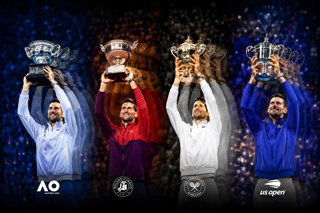 Novak Djokovic achieving the Career Grand Slam, lifting all four Grand Slam trophies