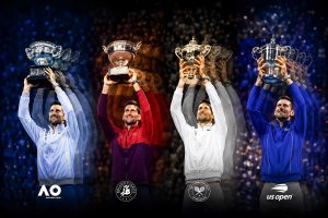 Novak Djokovic achieving the Career Grand Slam, lifting all four Grand Slam trophies