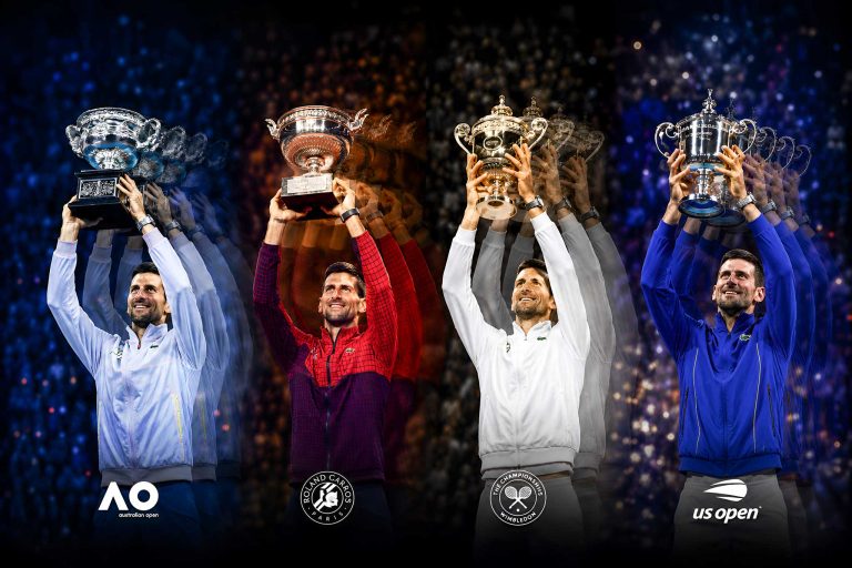 Novak Djokovic achieving the Career Grand Slam, lifting all four Grand Slam trophies
