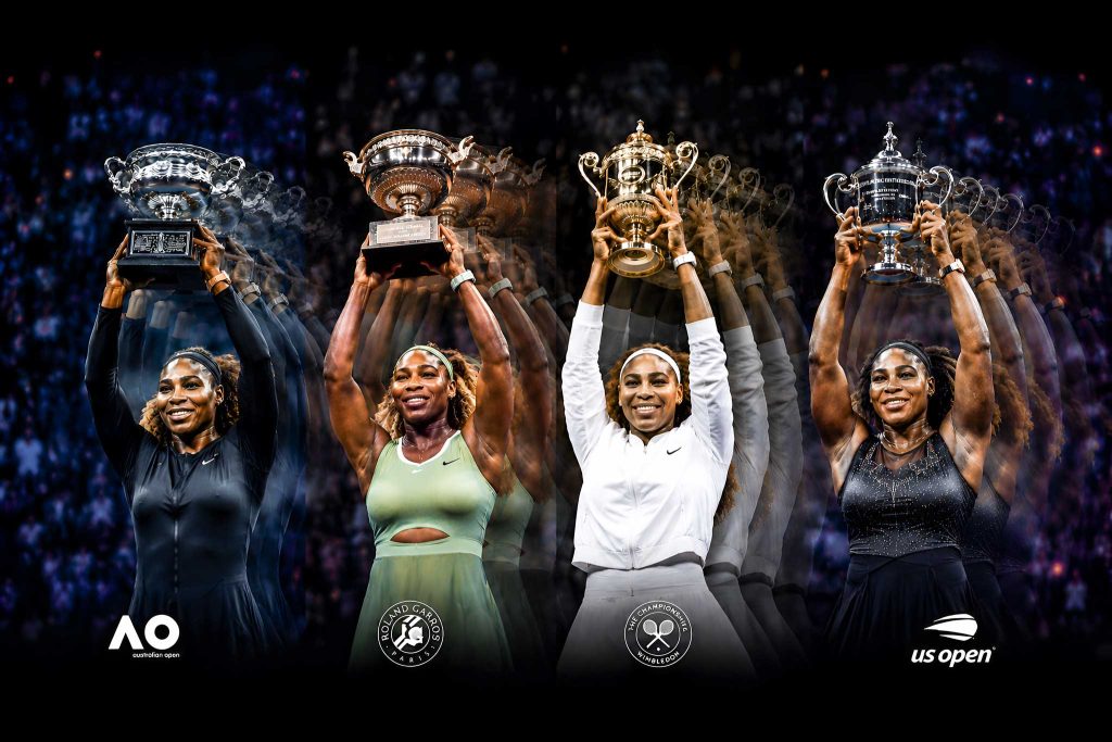 Serena Williams achieving the Career Grand Slam, lifting all four Grand Slam trophies
